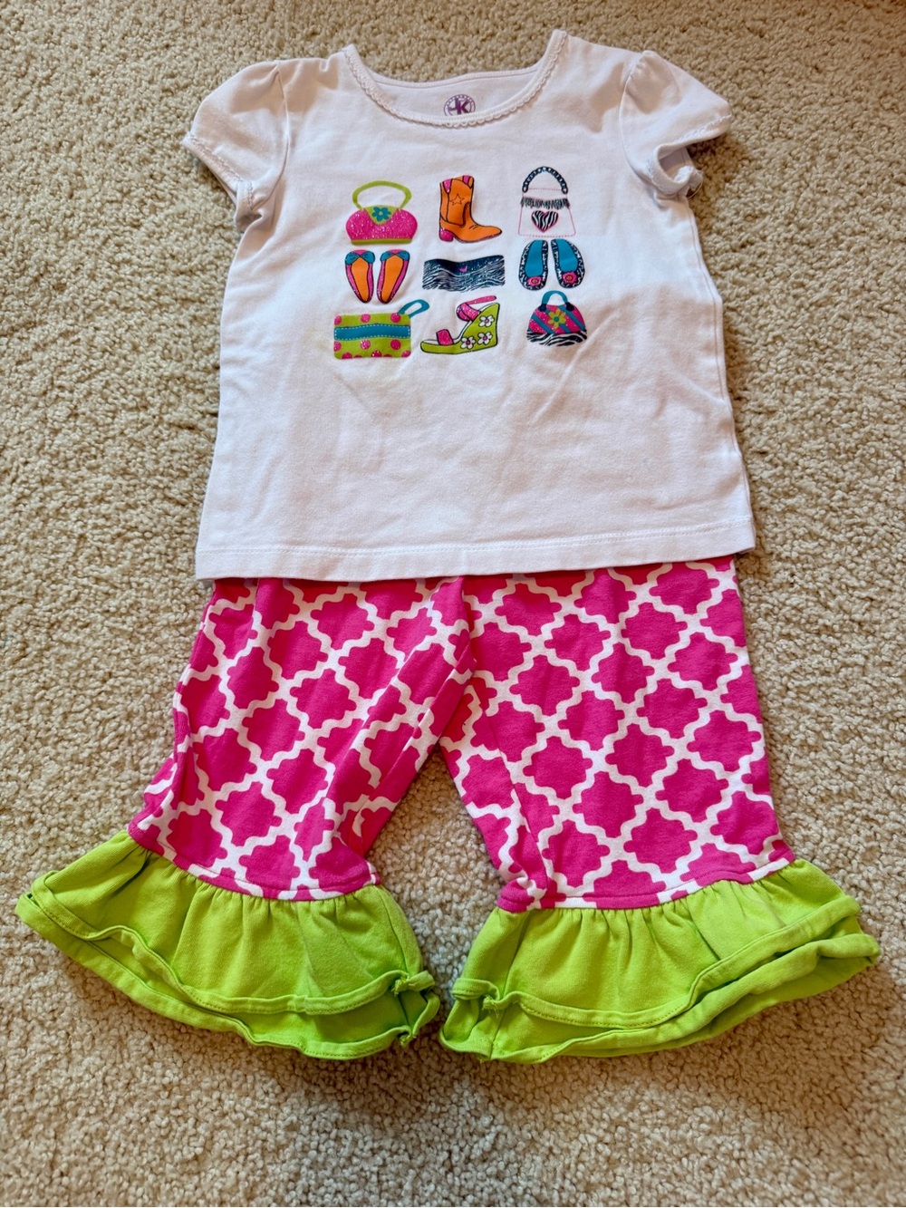 J. Khaki White Top with Pink & Lime Ruffled Matching Pants - Girls